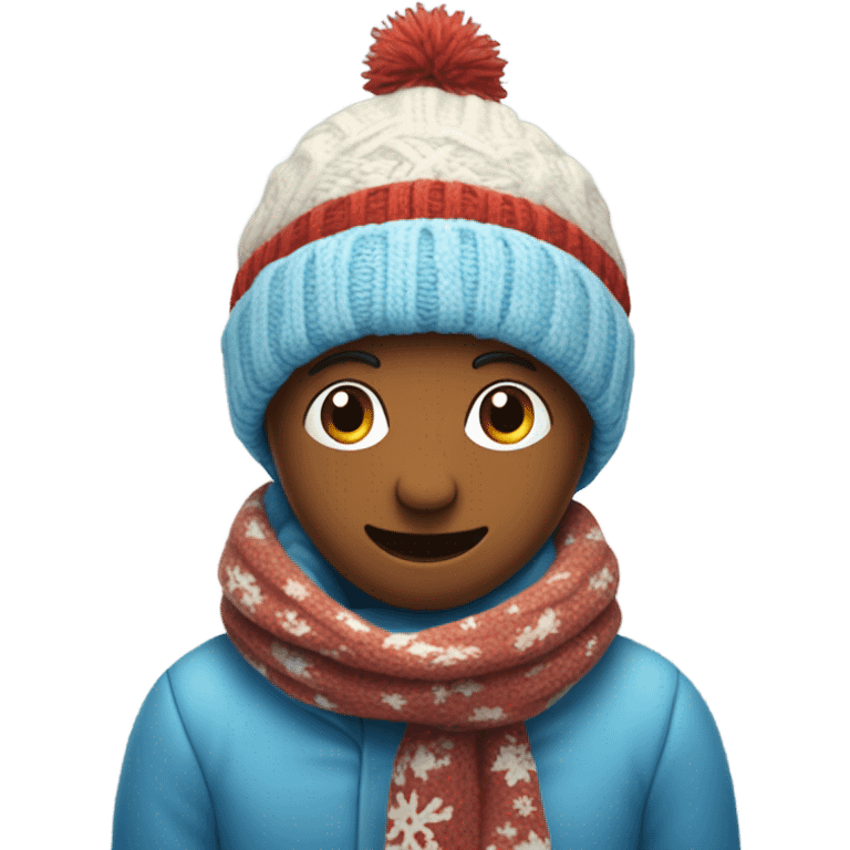 Generate a cozy winter-themed emoji face with a beanie, scarf, and snowflakes around it. Use warm and cool tones like soft blues, whites, and reds. The style should feel comforting and seasonal. emoji