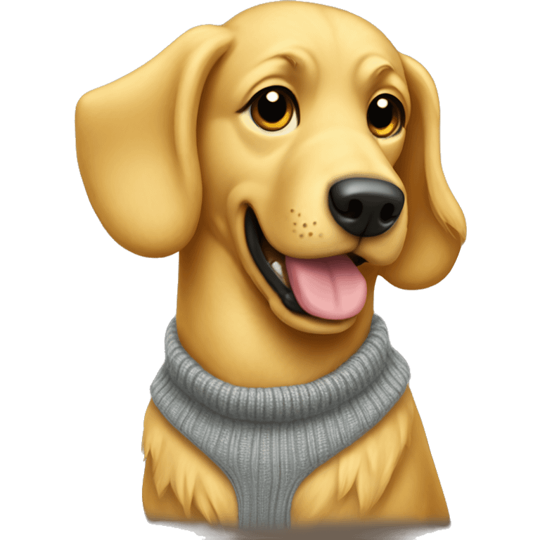 Golden dog with a sweater that says “moose” emoji