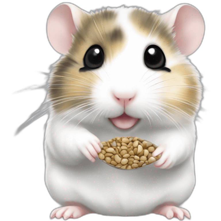 Campbell dwarf hamster with a greyish white coat eating a sunflower seed in a cute way emoji