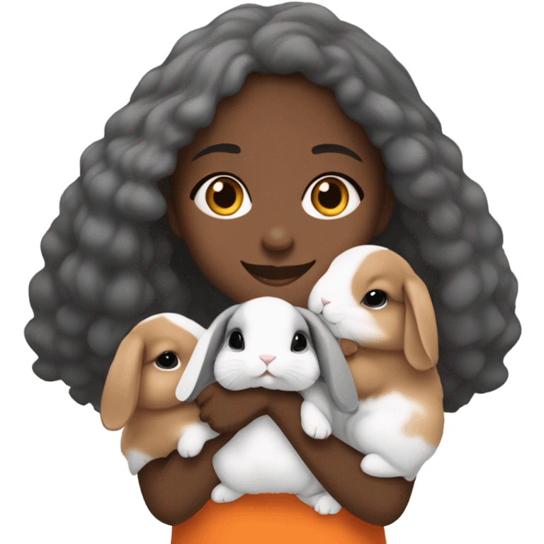 Black Muslim girl holding her 3 cute orange, gray, and mix colored holland lop bunnies emoji