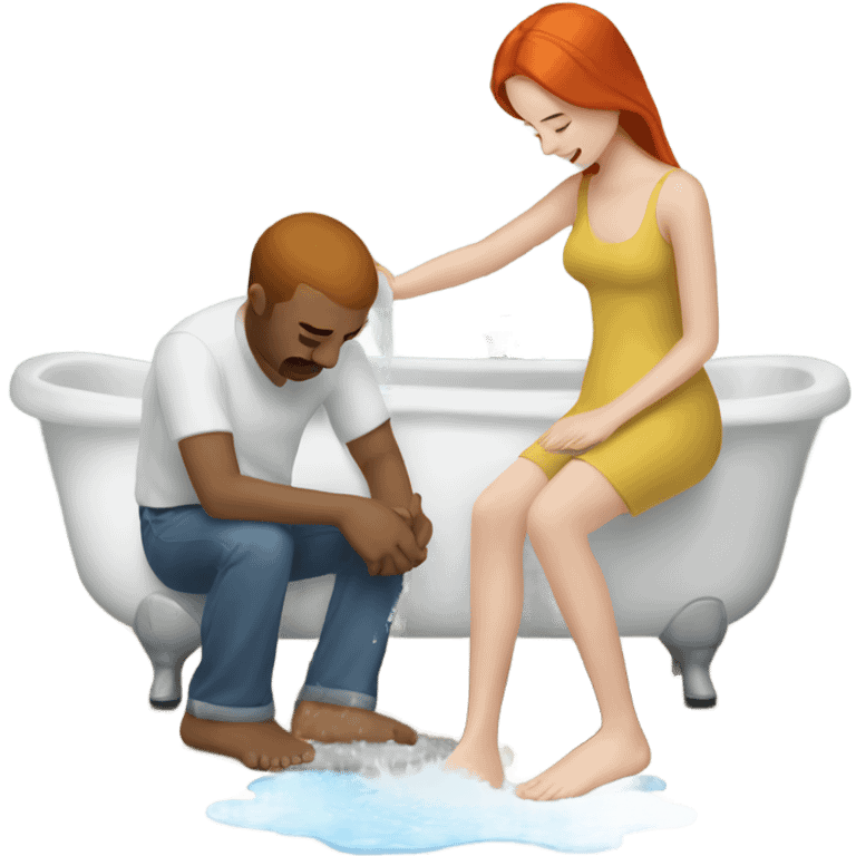 Man washing redhead woman’s feet emoji