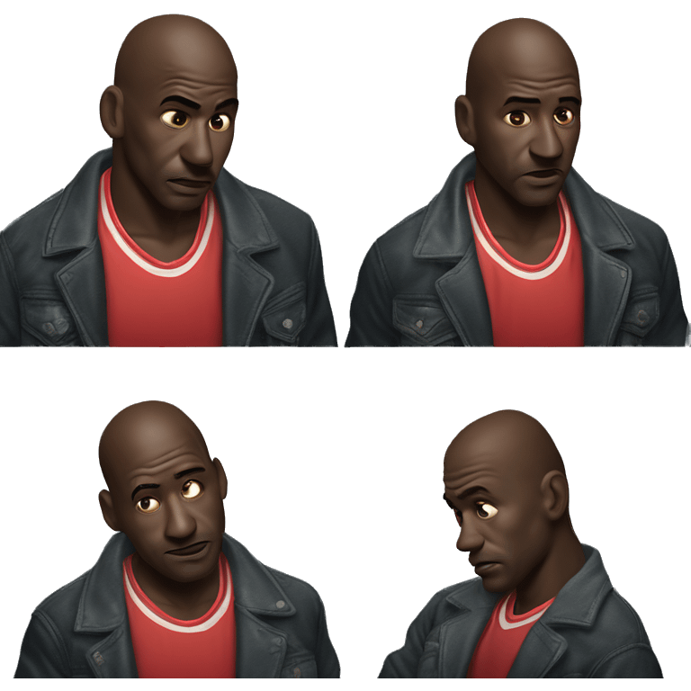 Michael Jordan in a jacket holds his head and is sad photorealistic serious emoji