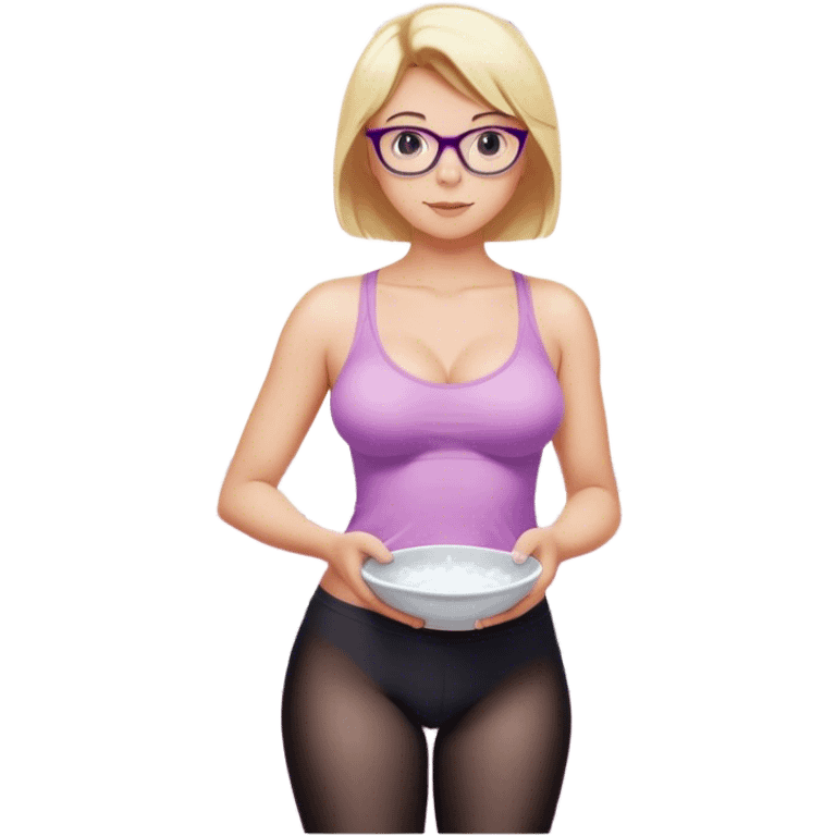 Thick fair skinned woman, short blond hair, small light purple reading glasses, washing dishes at the sink, sheer pink tank top, showing natural B cup breast shape SFW, black yoga pants, thick booty emoji