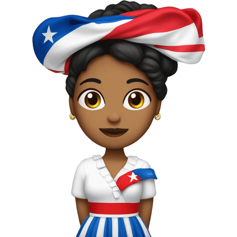 Mujer con vestido echo de la bandera cubana, pelo negro y corto y piel blanca, con un pañuelo rojo en la cabeza emoji