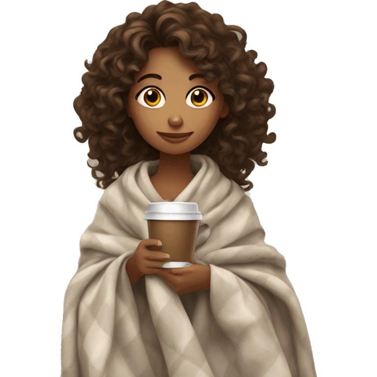 long curly haired girl drinking coffee with a blanket  emoji