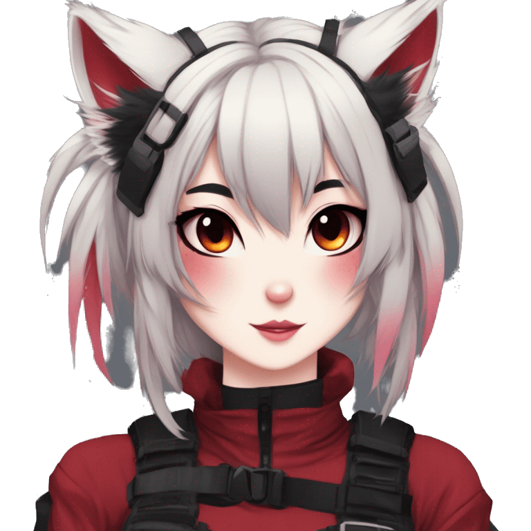 Gorgeous gothic dark techwear anime style anthro cat furry sona with blushing face aesthetic and pretty edgy black red punk messy ponytail hair with collar and harness trending style emoji