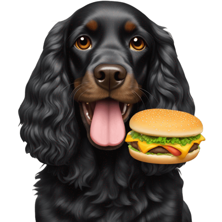 Black cocker spaniel eating a cheeseburger emoji