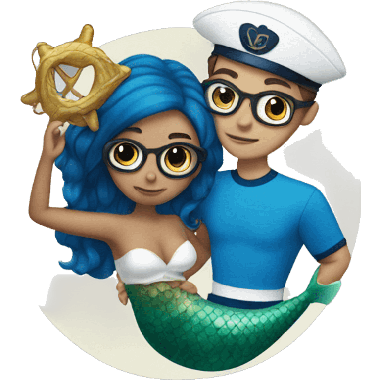 a sailor with brown hair and glasses lifting a mermaid with blue hair emoji