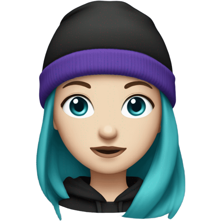 White girl, black hoodie, teal hair, purple beanie hat, blue eyes emoji