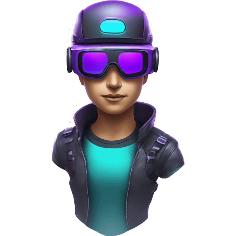 Secret human agent in a futuristic hat with in Apple VR goggles headset code display on the goggles , cyberpunk, cyan and purple colors, only upper body portrait, front facing the camera  emoji