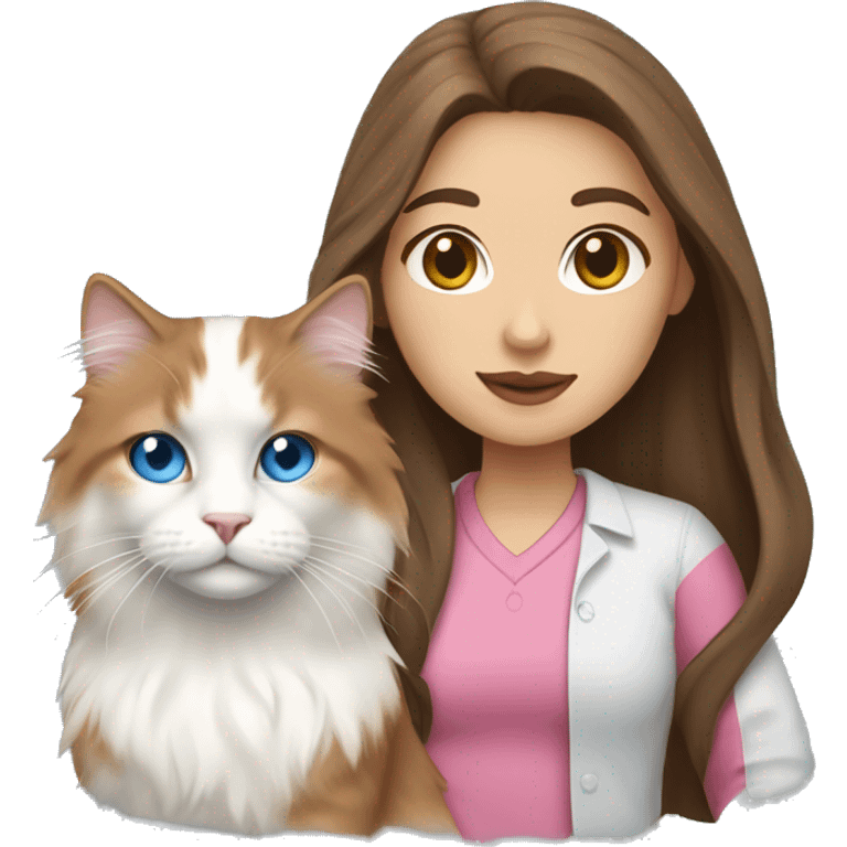 woman with long brown hair and pink shirt and holding a all white Siberian cat with blue eyes emoji