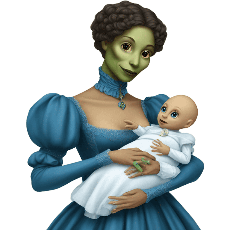  Reptilian alien woman , full body, in victorian blu elegant dress , holds a newborn white humman baby emoji