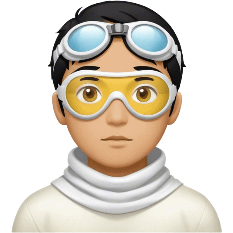 asian hero man with black hair, white circle goggles over the eyes, a yellow cowl emoji