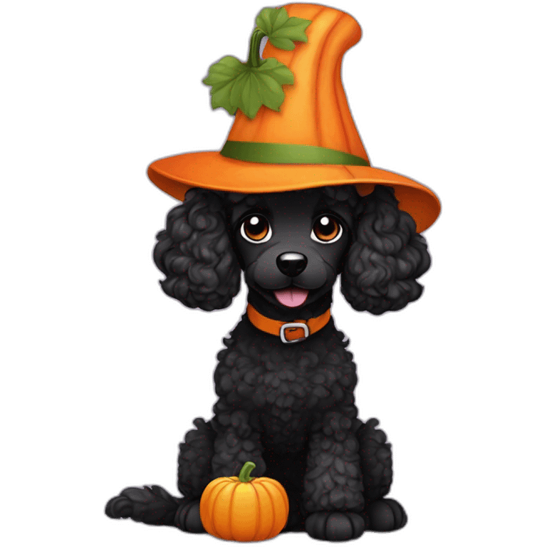 Short haired wavy black poodle weating a pumpkin hat emoji