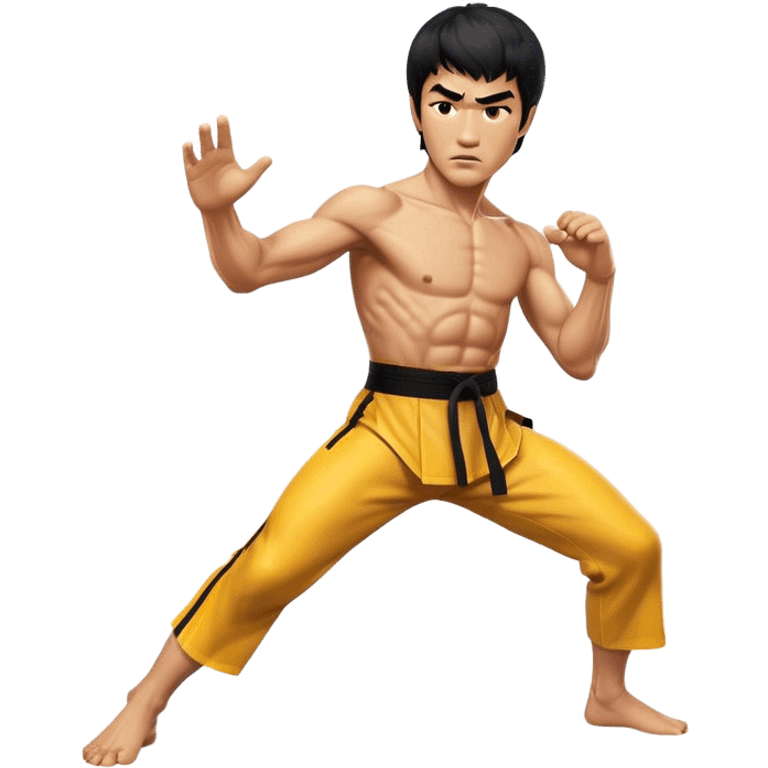 Cinematic Realistic Bruce Lee Portrait Emoji, depicted as a dynamic martial arts icon with an intense gaze and athletic physique caught in a fluid motion, rendered with vivid textures and energetic lighting that embodies his legendary prowess. emoji