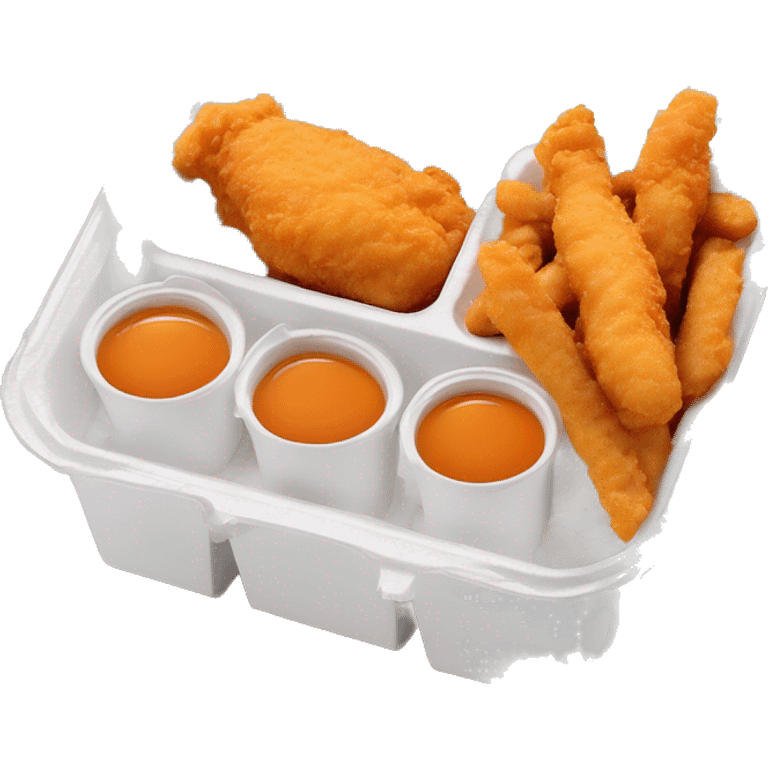 3 chicken tenders with crinkle fries and orange sauce on the side in a styrofoam container styrofoam container emoji