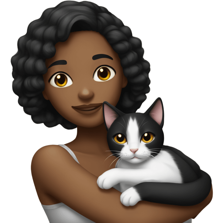  Tanned black woman with black hair hugging a black and white cat  emoji