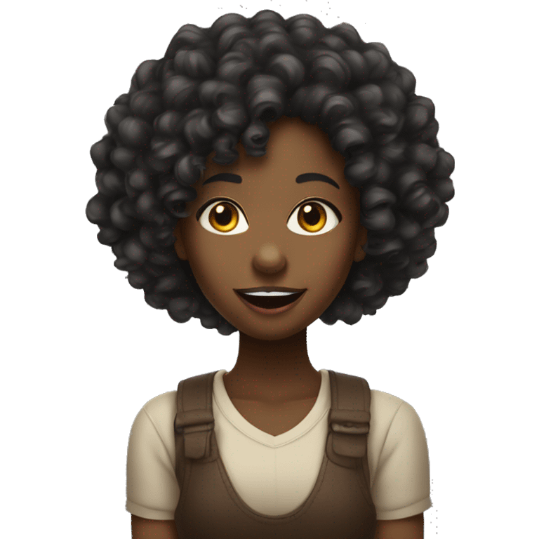 A black girl with curly hair sticking out her tongue upwards her nose emoji