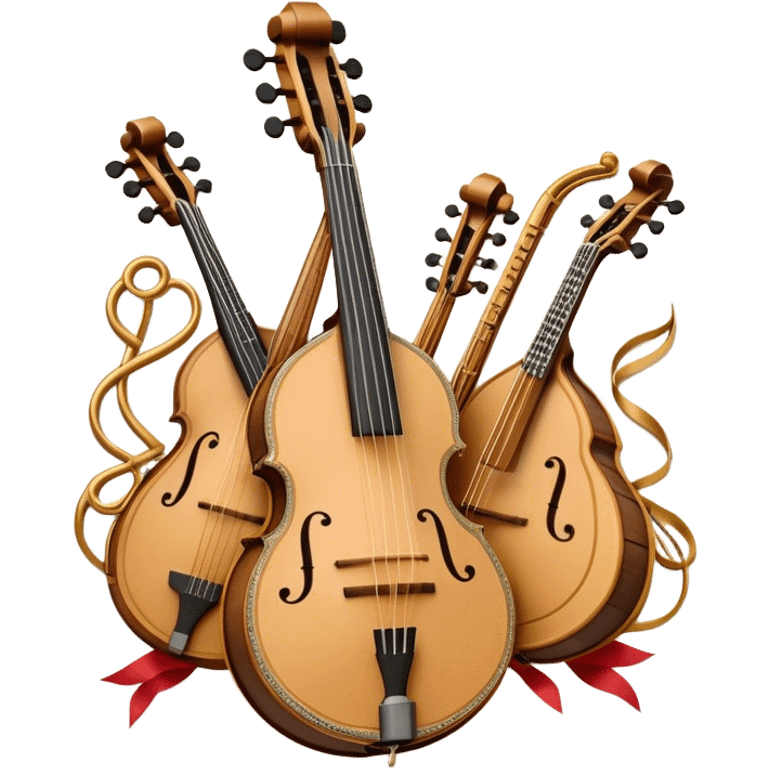 Design a sophisticated and festive emblem-like emoji representing plucked and stringed instruments. The layout should resemble a heraldic crest, featuring iconic instruments like a banjo, mandolin, domra, and sitar, artistically arranged in an elegant and symmetrical way. The necks of the instruments should be intertwined with a flowing ribbon of musical notes, winding around the strings and fretboards. The design should be detailed, showcasing the intricate carvings on the instruments, visible strings, and fret markers. Use a rich color palette with deep golds, browns, and vibrant accents to evoke a sense of luxury and celebration. The musical notes should appear to float around the instruments, connecting them in a graceful, dynamic way. Include ornate flourishes or decorative elements like laurels, swirls, or subtle engravings to give the image a professional, emblematic appearance. The background should be transparent. emoji