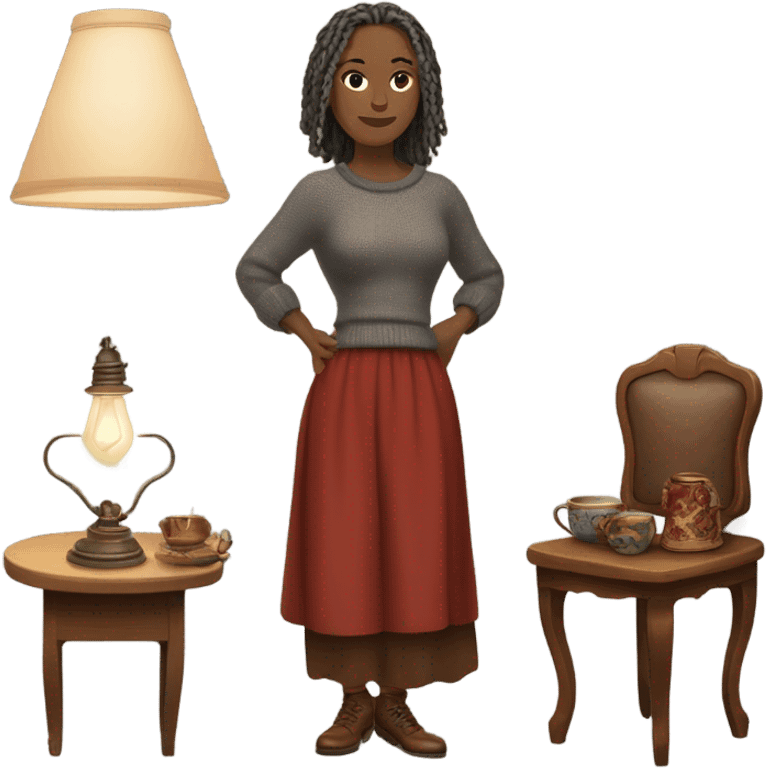 1st fair woman with gray locs, wearing pants , 2nd woman is brown with red locs, dressed in a knee-length dress with a cozy sweater, looking at antique items, such as a vintage lamp or an old teacup, with a table full of trinkets in the background emoji