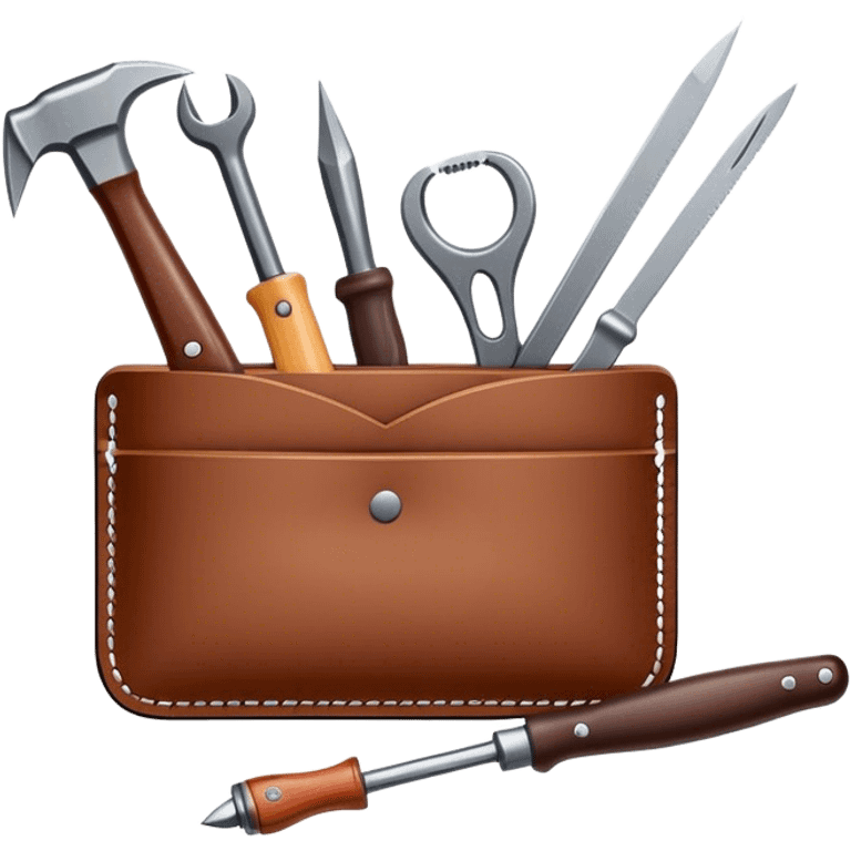 Leatherworking icon, piece of raw leather being crafted into a leather wallet or belt, professional tools like leather stitching awl, edge beveler, hammer, prying tool, minimalistic style, clean lines, transparent background. emoji