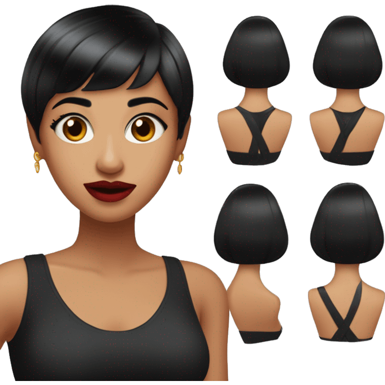 Young Indian women half shaved head and half with bob haircut with bangs (black hair) (Wearing black sleeveless top) (Makeup) (Red lipstick) (holding hair shavers in one hand) emoji