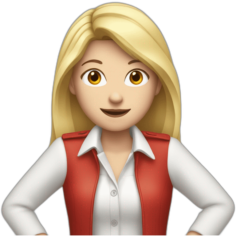 Young white woman, wearing white shirt and red jacket, both hands up  emoji