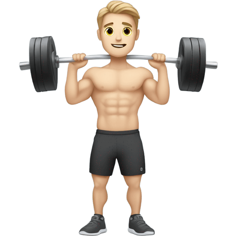 Kawaii White man with light brown hair at gym standing with barbell from side view emoji