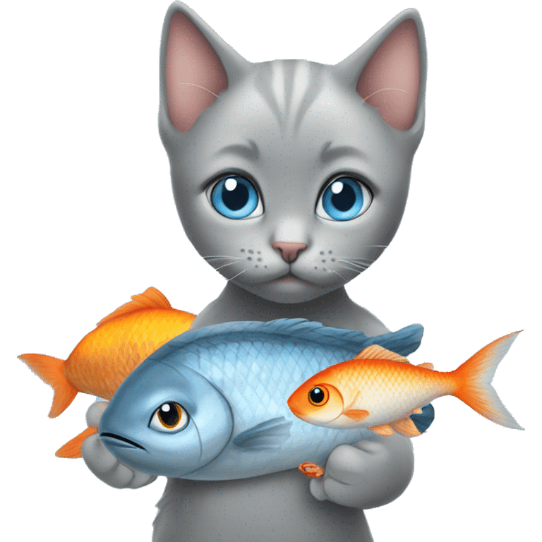 blue eyes grey kitten and fish are friends  emoji