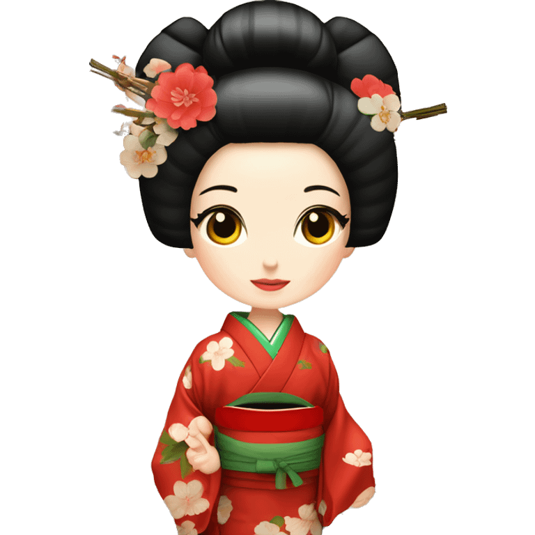 Geisha con kimono rojo y ojos verdes haciendo ceremonia del té en casa tradicional japonesa  emoji