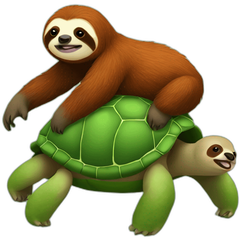 red haired sloth sitting on a green turtle who is walking  emoji