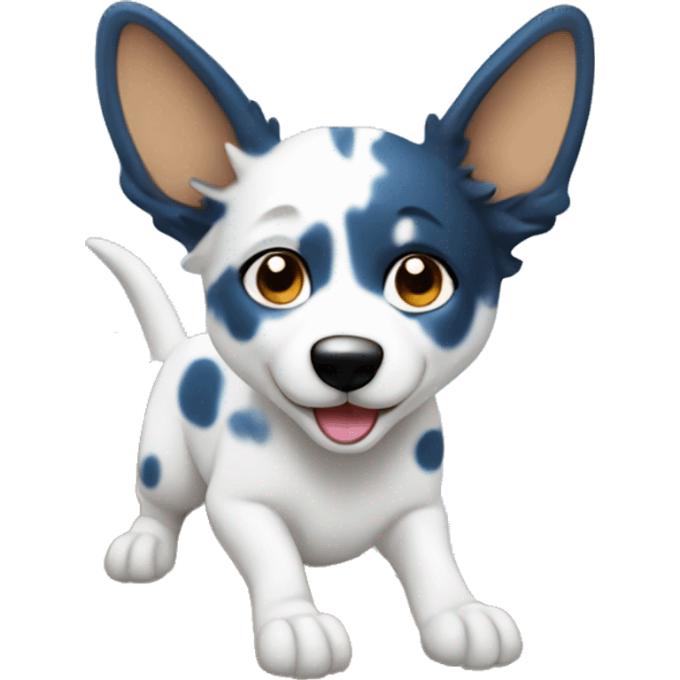 White blue healer digging with dirt flying up, more spots on face emoji