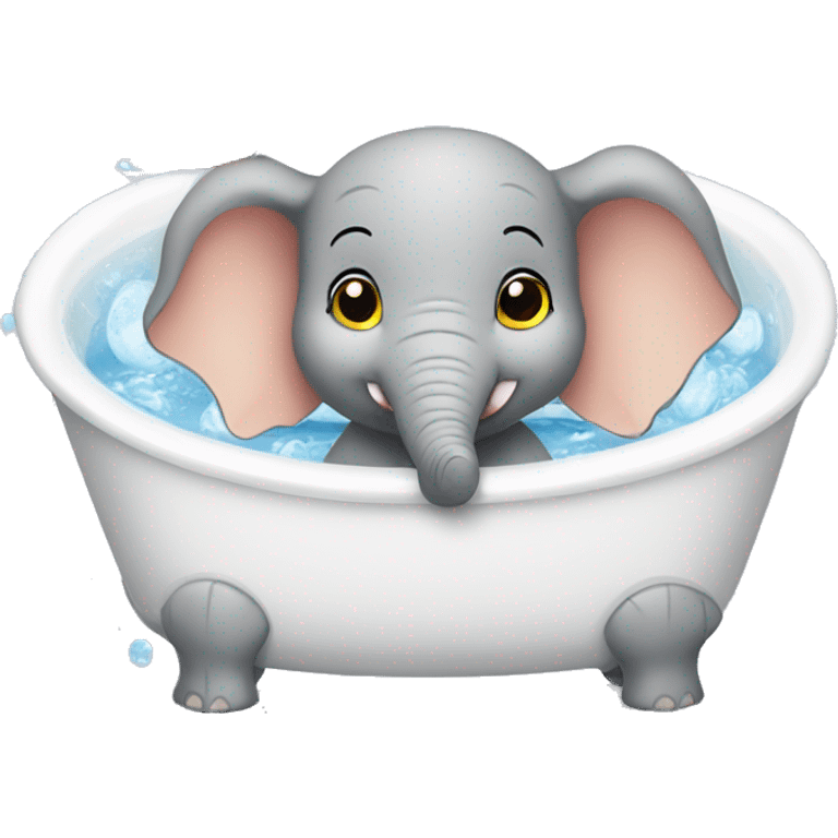 baby elephant having a bath in a white bathtub with 2 little yellow rubber ducks emoji