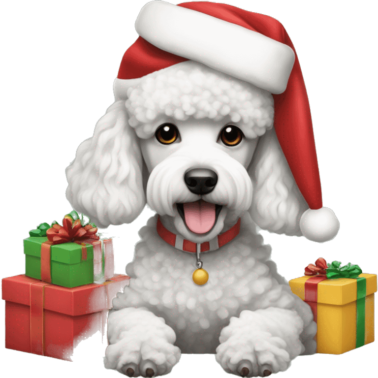 poodle dog wearing a santa hat and surrounded with presents  emoji