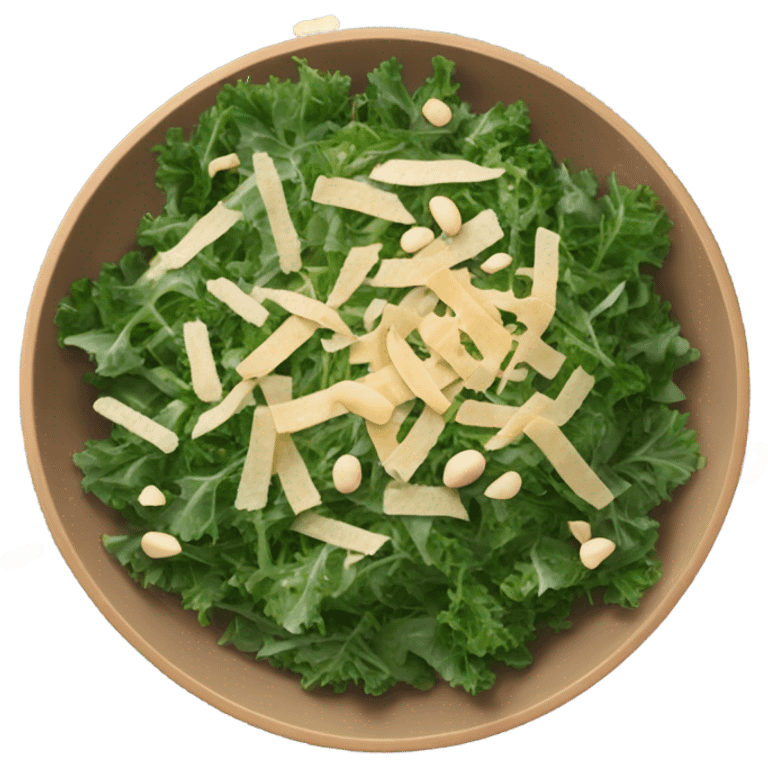 Shredded kale topped with pine nuts and shredded cheese in a large salad bowl emoji