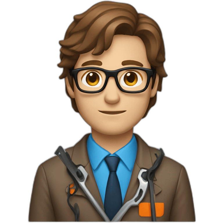 a guy with brown hair, square glasses, an orange repairman's suit, blue eyes, with a chainsaw emoji