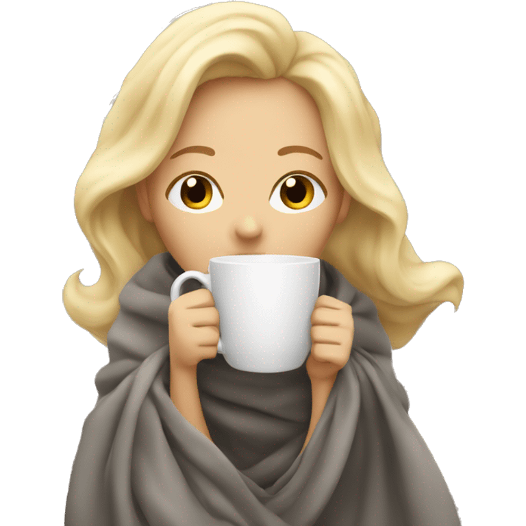 blonde girl inside a blanket sipping coffee eyes closed emoji