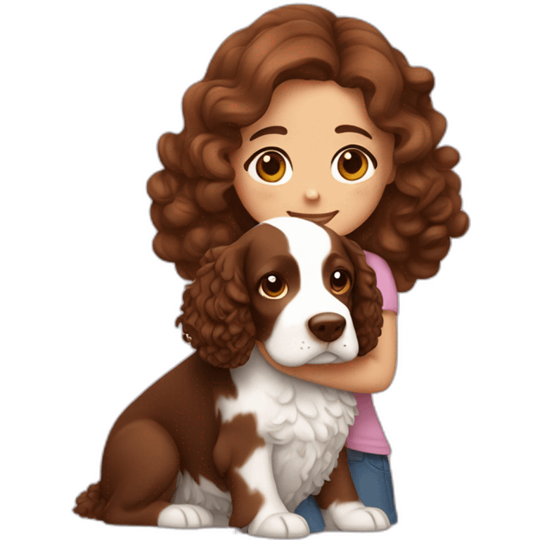 Girl with brown curly hair is hugging brown English springer spaniel emoji