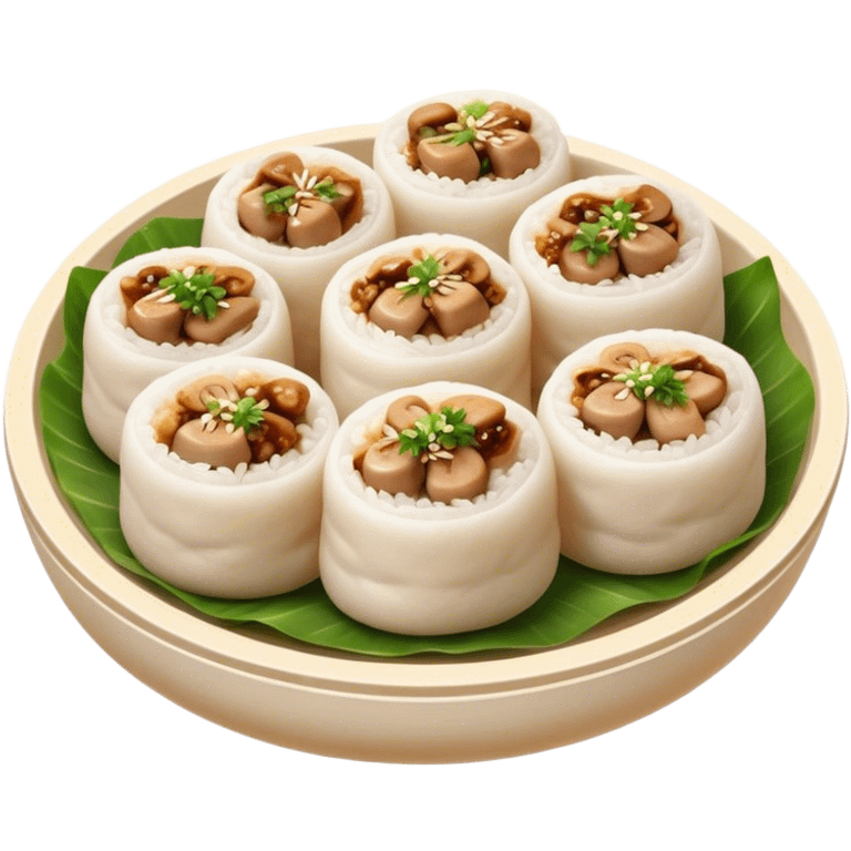 Cinematic Realistic B√°nh cu·ªën Dish Emoji, featuring steamed rice rolls filled with savory minced pork and mushrooms rendered with soft textures and inviting, warm lighting. emoji