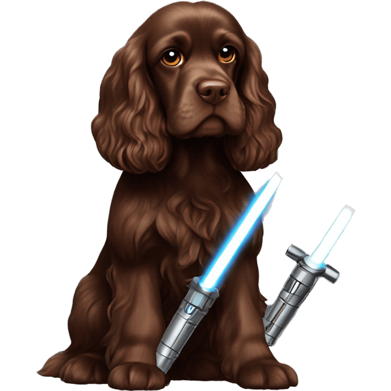 Chocolate brown cocker spaniel with lightsaber emoji