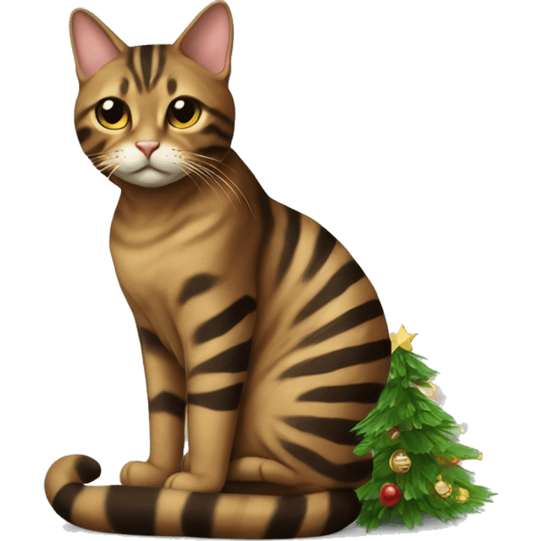 Brown striped cat sitting Christmas tree  emoji