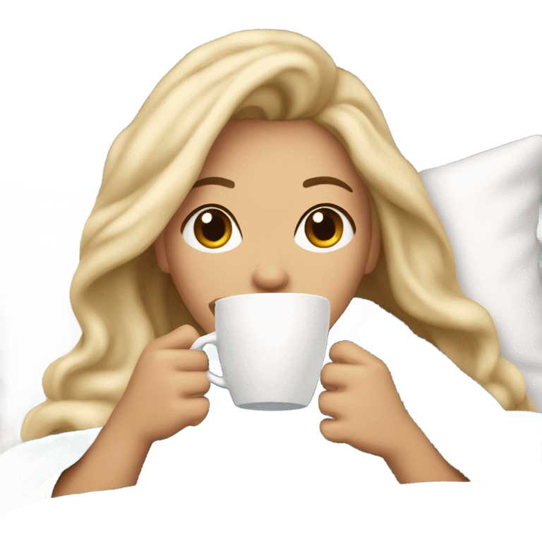 Beautiful woman,Blonde balayage hair, sipping coffee under blanket in bed emoji