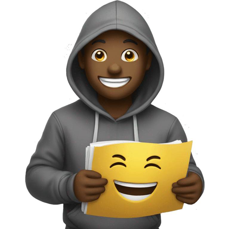 laughing emoji in a hoodie holding a list emoji