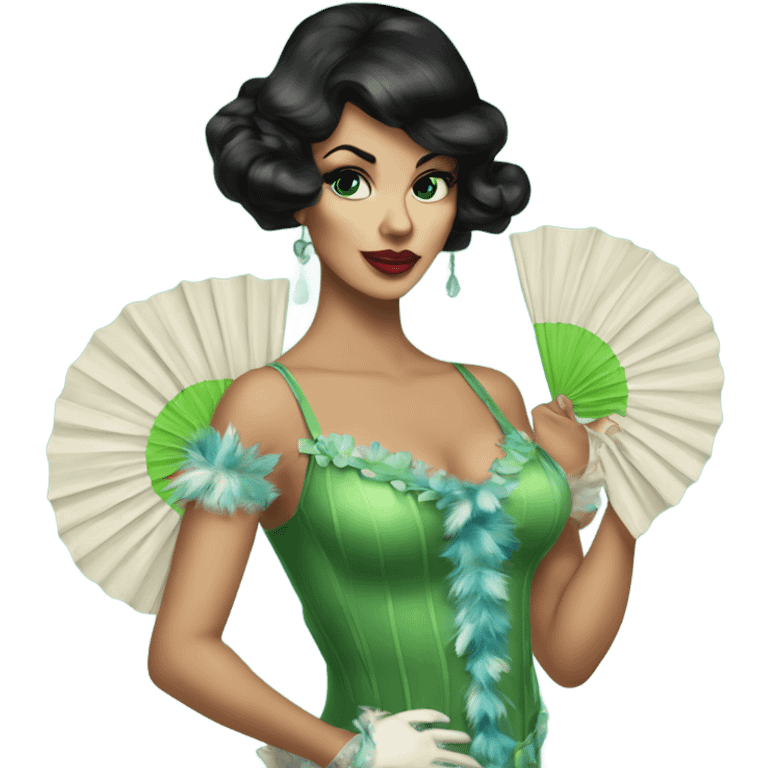 Burlesque dancer with black hair and green eyes in a vintage costume holding blue feather fans emoji