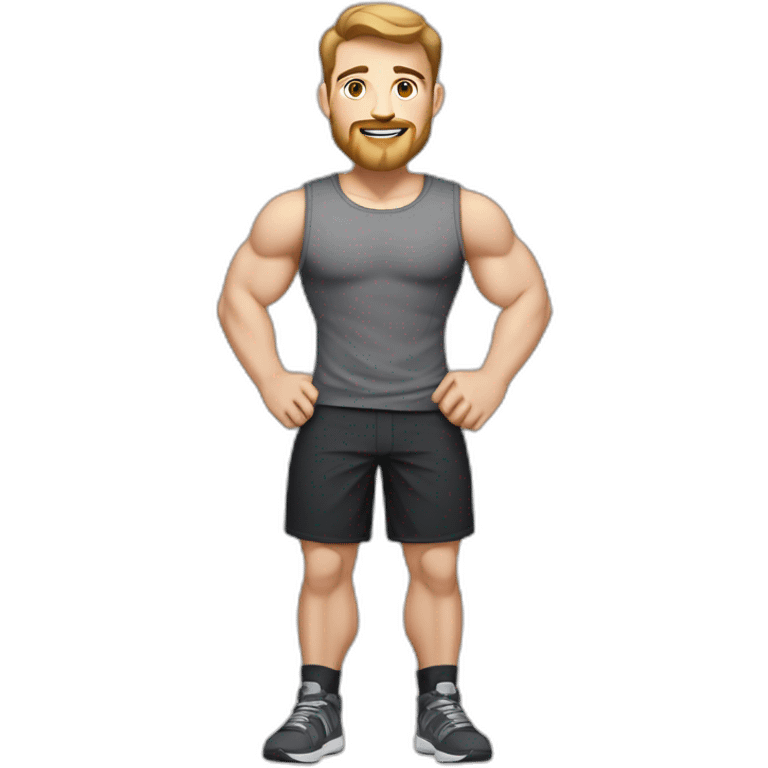 Full height Pale skinned fit man With biceps, Realistic eyes and mouth, light brown hair and stubble In dark gray sleeveless mike, black oversize sports shorts, watch and white sneakers. emoji