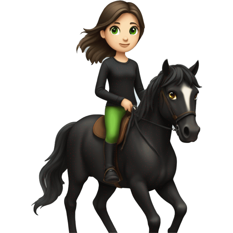 A pale little girl with dark brown hair, green eyes, orange pants and a black shirt riding a black horse  emoji