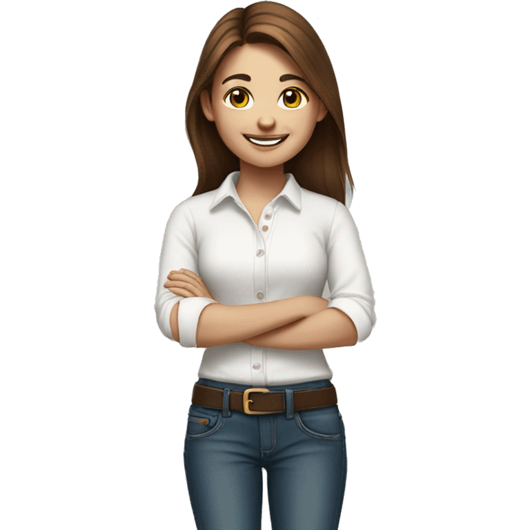 smiling girl portrait with brown hair with a jeans and White shirt  emoji