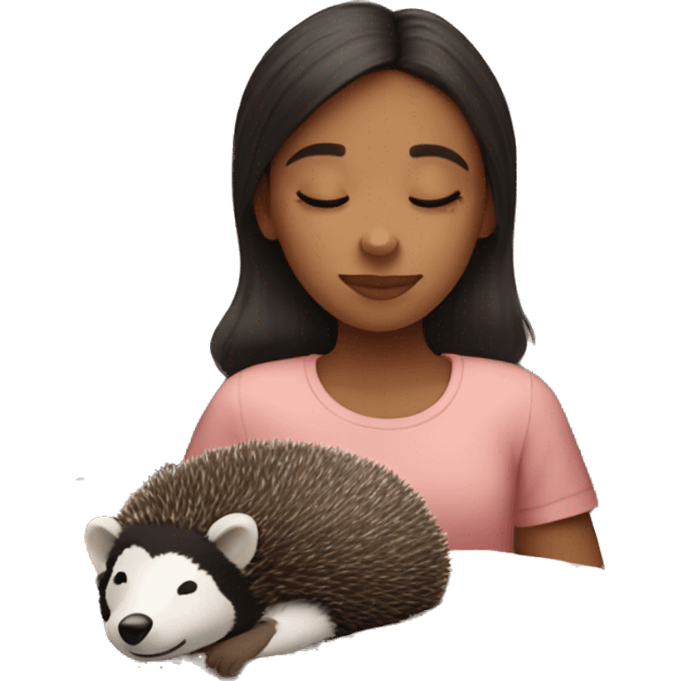 Girl sleeping with an Plush hedgehog and badger emoji