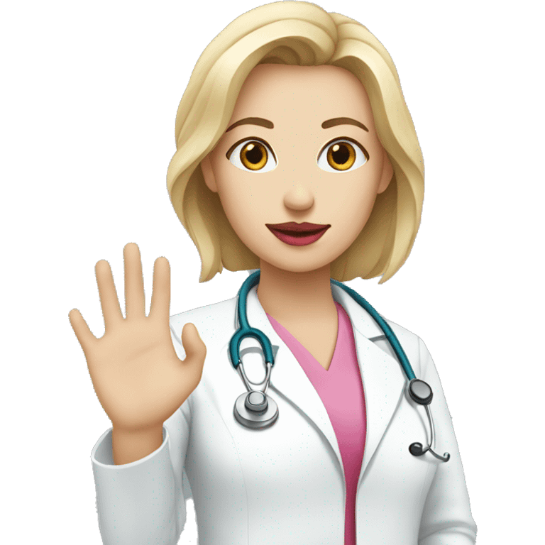  white female doctor with pink lips shows hand emoji