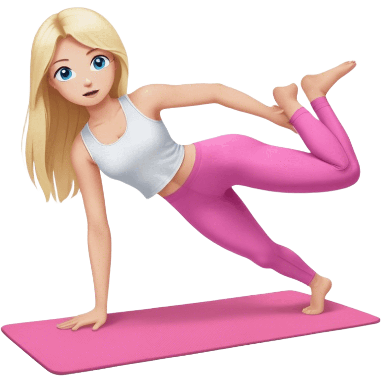 A cinematically realistic blonde with long hair and blue eyes, dressed in a white top and pink leggings, performs a sports exercise on a mat emoji